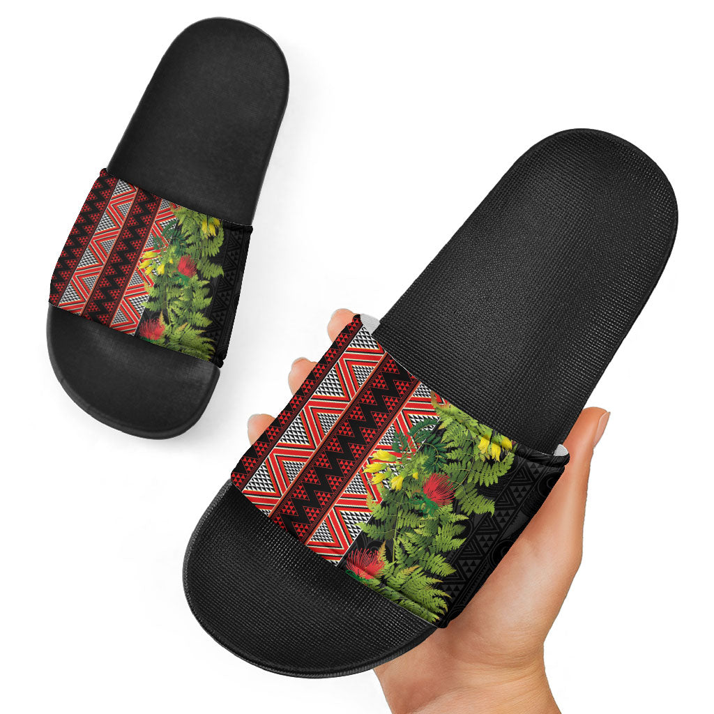 Maori Tukutuku Slide Sandals with Ferns Pohutukawa and Kowhai Tribal Moko Patterns LT03 - Polynesian Pride