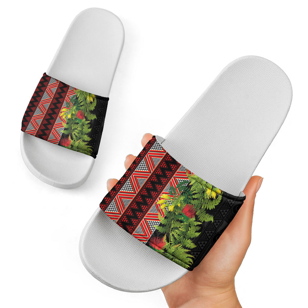 Maori Tukutuku Slide Sandals with Ferns Pohutukawa and Kowhai Tribal Moko Patterns LT03 - Polynesian Pride