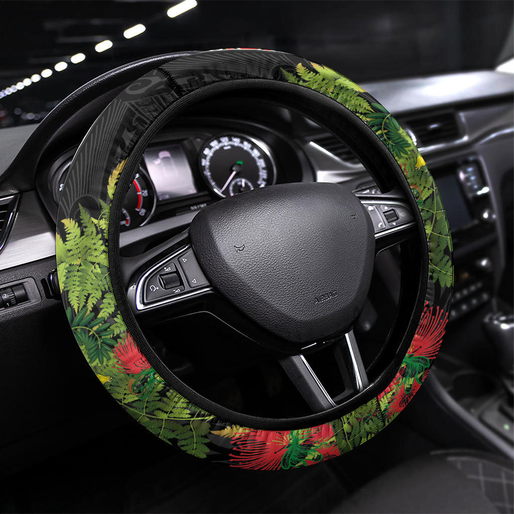 Maori Tukutuku Steering Wheel Cover with Ferns Pohutukawa and Kowhai Tribal Moko Patterns LT03 Universal Fit Multicolor - Polynesian Pride
