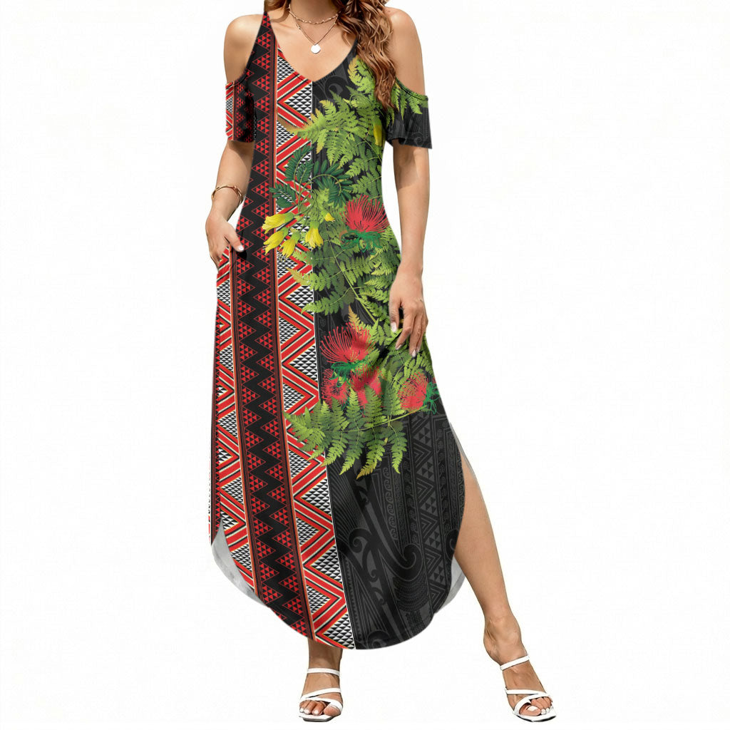 Maori Tukutuku Summer Maxi Dress with Ferns Pohutukawa and Kowhai Tribal Moko Patterns LT03 Women Multicolor - Polynesian Pride