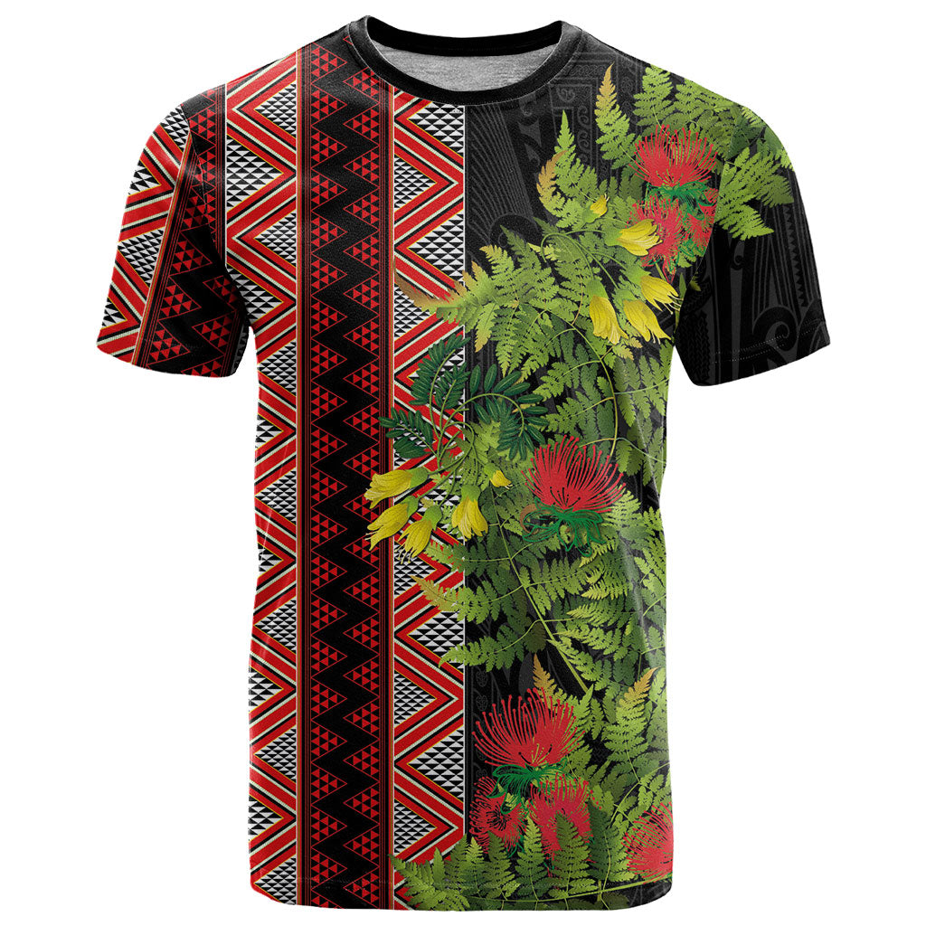 Maori Tukutuku T Shirt with Ferns Pohutukawa and Kowhai Tribal Moko Patterns LT03 Multicolor - Polynesian Pride