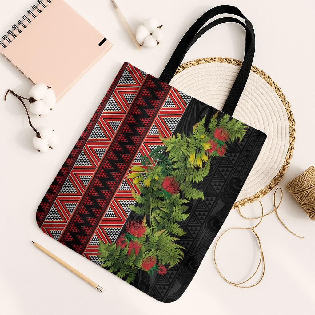 Maori Tukutuku Tote Bag with Ferns Pohutukawa and Kowhai Tribal Moko Patterns LT03 Black Strap One Size Multicolor - Polynesian Pride