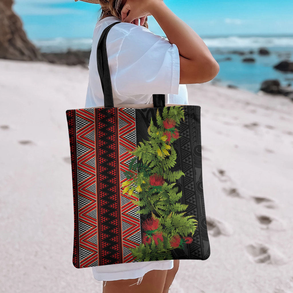 Maori Tukutuku Tote Bag with Ferns Pohutukawa and Kowhai Tribal Moko Patterns LT03 - Polynesian Pride