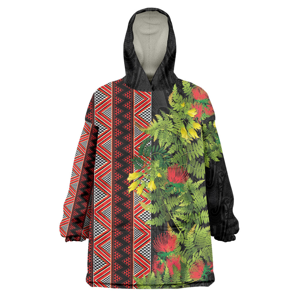 Maori Tukutuku Wearable Blanket Hoodie with Ferns Pohutukawa and Kowhai Tribal Moko Patterns LT03 One Size Multicolor - Polynesian Pride