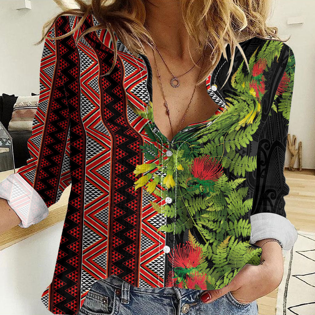 Maori Tukutuku Women Casual Shirt with Ferns Pohutukawa and Kowhai Tribal Moko Patterns LT03 Female Multicolor - Polynesian Pride