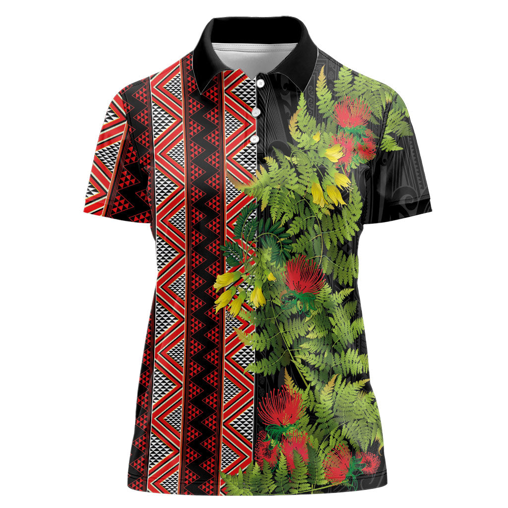 Maori Tukutuku Women Polo Shirt with Ferns Pohutukawa and Kowhai Tribal Moko Patterns LT03 Female Multicolor - Polynesian Pride