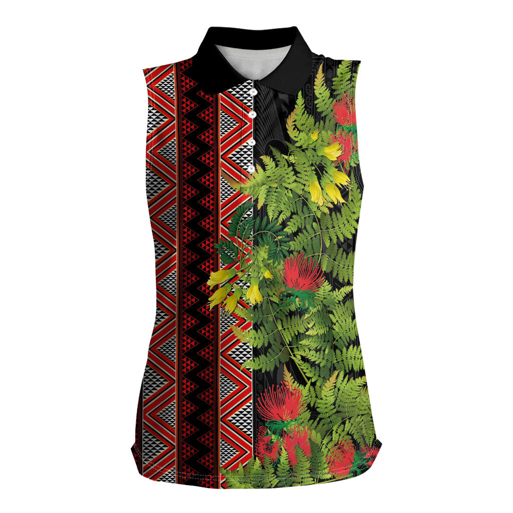Maori Tukutuku Women Sleeveless Polo Shirt with Ferns Pohutukawa and Kowhai Tribal Moko Patterns LT03 Female Multicolor - Polynesian Pride