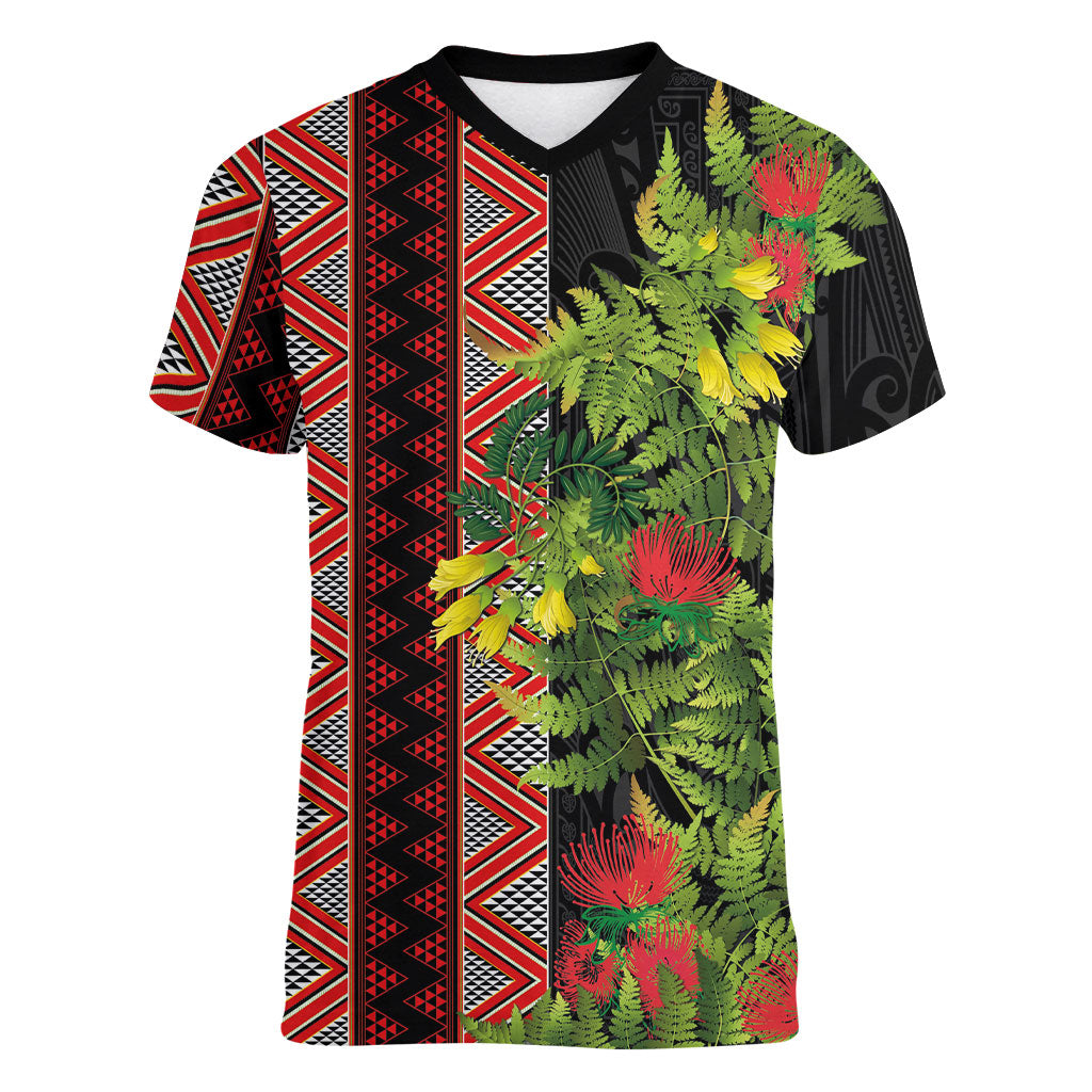 Maori Tukutuku Women V-Neck T-Shirt with Ferns Pohutukawa and Kowhai Tribal Moko Patterns LT03 Female Multicolor - Polynesian Pride