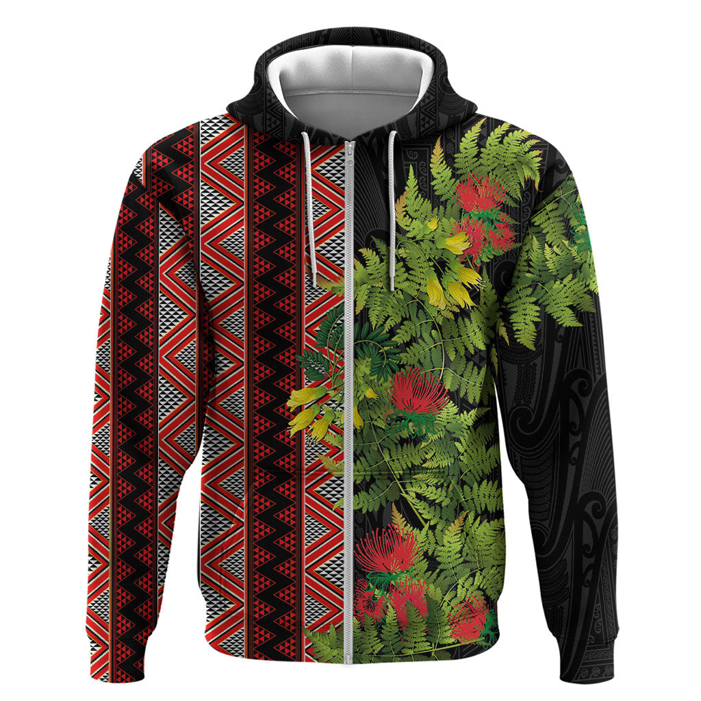 Maori Tukutuku Zip Hoodie with Ferns Pohutukawa and Kowhai Tribal Moko Patterns LT03 Zip Hoodie Multicolor - Polynesian Pride