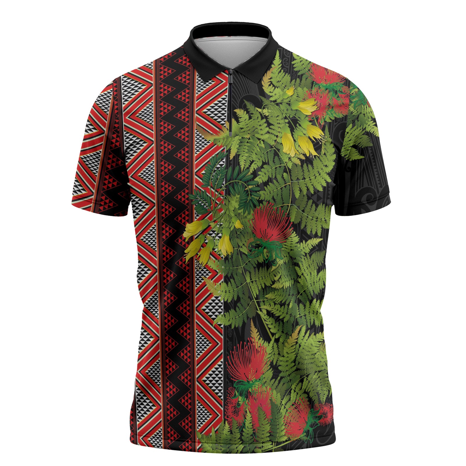 Maori Tukutuku Zipper Polo Shirt with Ferns Pohutukawa and Kowhai Tribal Moko Patterns LT03 Multicolor - Polynesian Pride