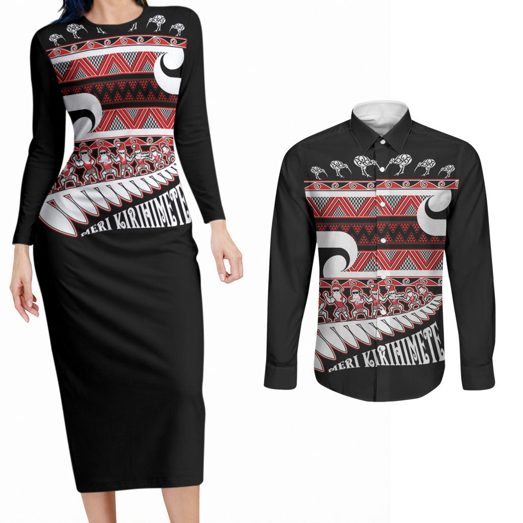 New Zealand Christmas Couples Matching Long Sleeve Bodycon Dress and Long Sleeve Button Shirt Funny Santa Claus Haka Dance with Tukutuku LT03 Multicolor - Polynesian Pride