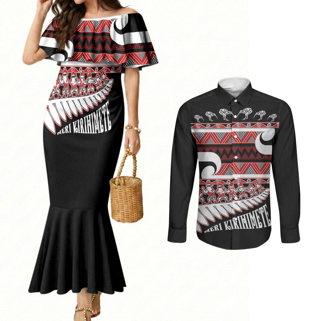 New Zealand Christmas Couples Matching Mermaid Dress and Long Sleeve Button Shirt Funny Santa Claus Haka Dance with Tukutuku LT03 Multicolor - Polynesian Pride
