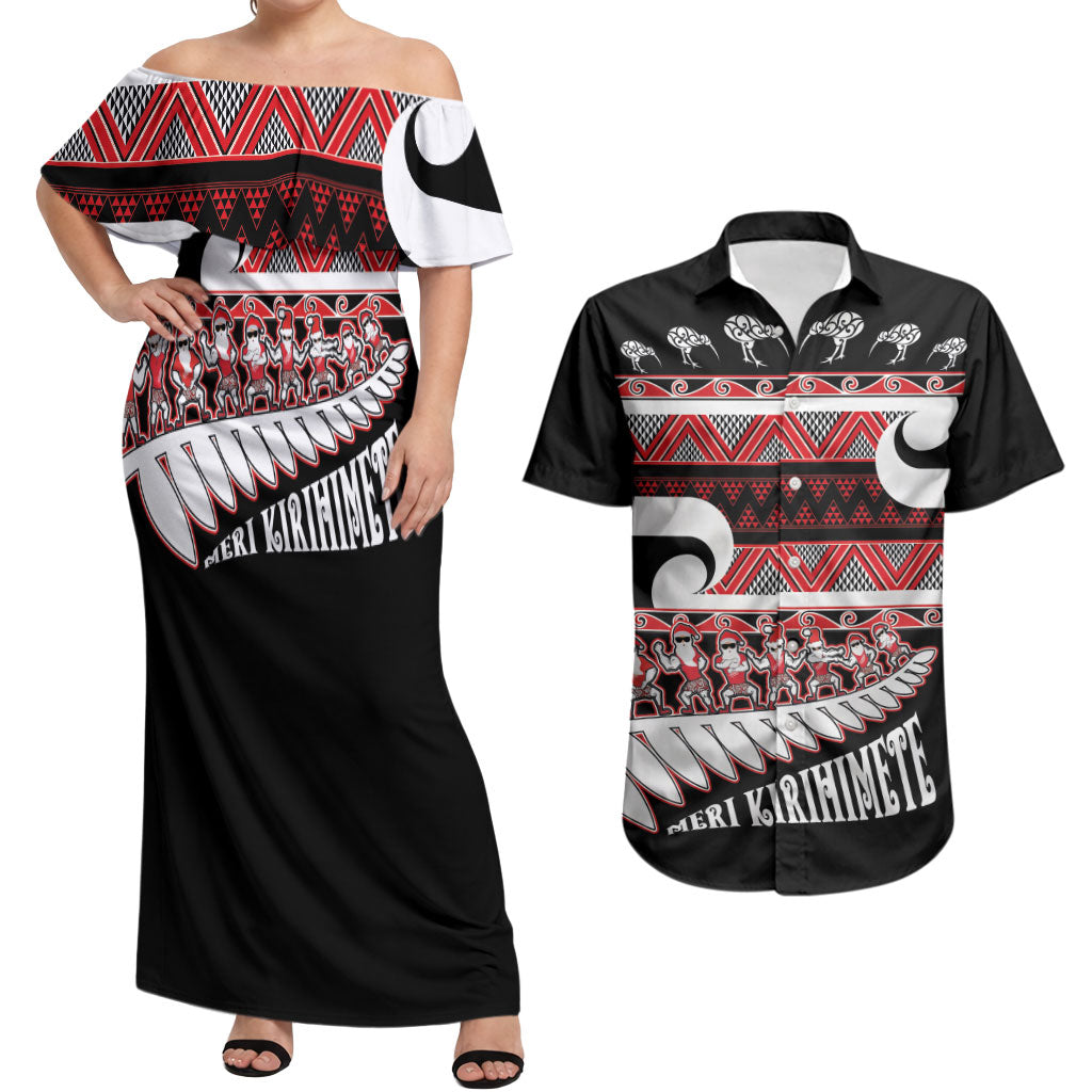 New Zealand Christmas Couples Matching Off Shoulder Maxi Dress and Hawaiian Shirt Funny Santa Claus Haka Dance with Tukutuku LT03 Multicolor - Polynesian Pride