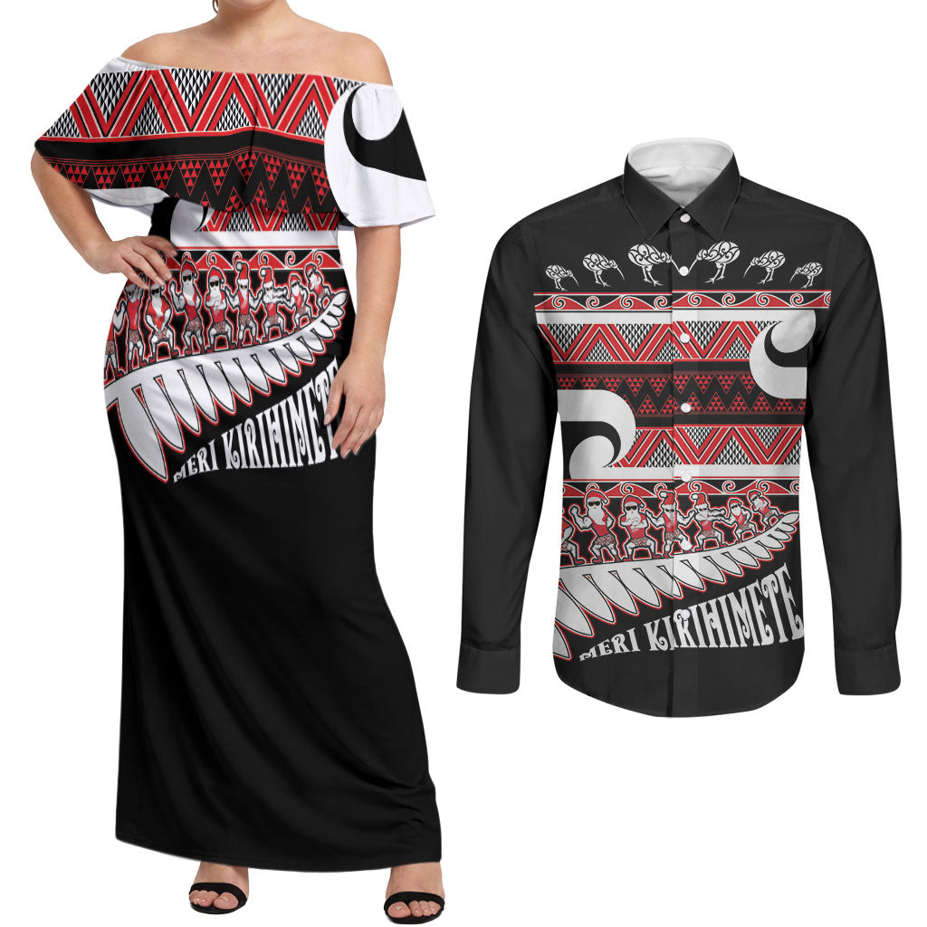 New Zealand Christmas Couples Matching Off Shoulder Maxi Dress and Long Sleeve Button Shirt Funny Santa Claus Haka Dance with Tukutuku LT03 Multicolor - Polynesian Pride