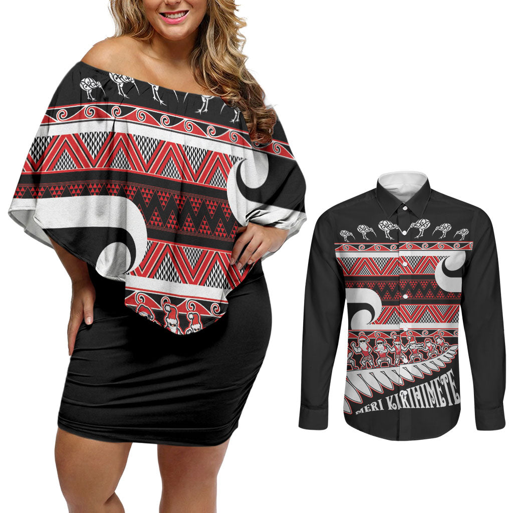 New Zealand Christmas Couples Matching Off Shoulder Short Dress and Long Sleeve Button Shirt Funny Santa Claus Haka Dance with Tukutuku LT03 Multicolor - Polynesian Pride