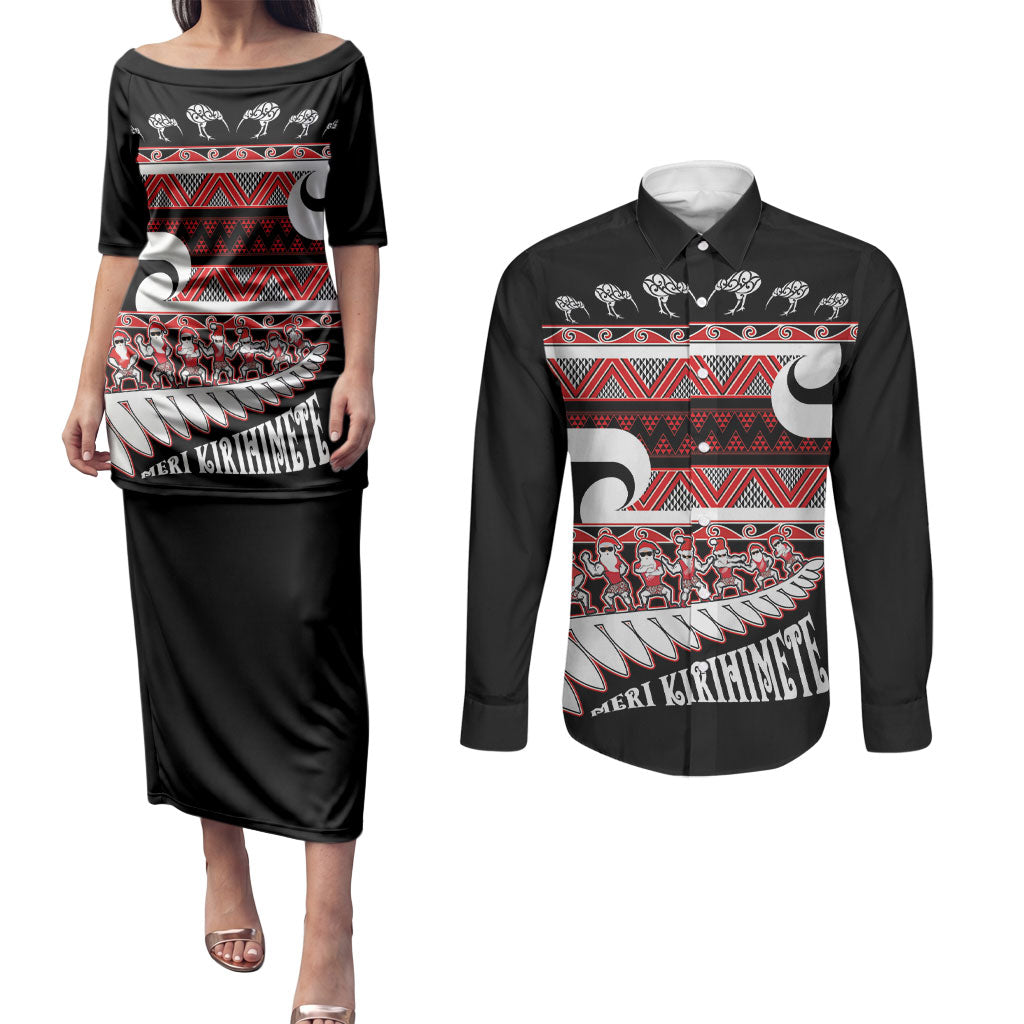 New Zealand Christmas Couples Matching Puletasi and Long Sleeve Button Shirt Funny Santa Claus Haka Dance with Tukutuku LT03 Multicolor - Polynesian Pride