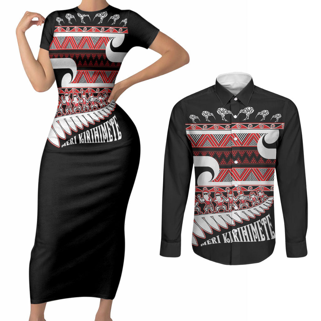 New Zealand Christmas Couples Matching Short Sleeve Bodycon Dress and Long Sleeve Button Shirt Funny Santa Claus Haka Dance with Tukutuku LT03 Multicolor - Polynesian Pride