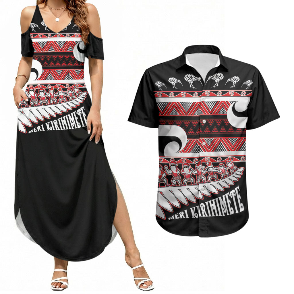 New Zealand Christmas Couples Matching Summer Maxi Dress and Hawaiian Shirt Funny Santa Claus Haka Dance with Tukutuku LT03 Multicolor - Polynesian Pride