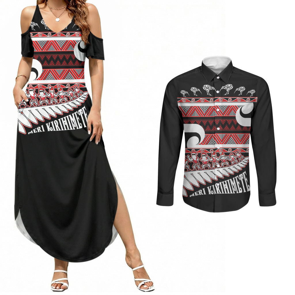 New Zealand Christmas Couples Matching Summer Maxi Dress and Long Sleeve Button Shirt Funny Santa Claus Haka Dance with Tukutuku LT03 Multicolor - Polynesian Pride