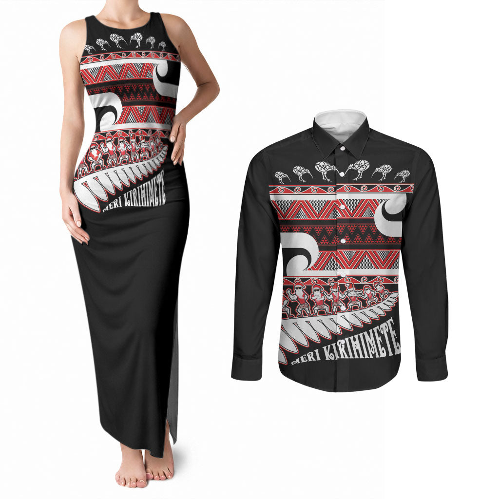 New Zealand Christmas Couples Matching Tank Maxi Dress and Long Sleeve Button Shirt Funny Santa Claus Haka Dance with Tukutuku LT03 Multicolor - Polynesian Pride