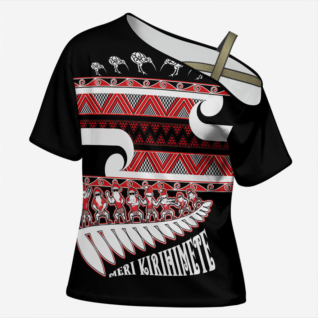 New Zealand Christmas Cross Shoulder Shirt Funny Santa Claus Haka Dance with Tukutuku LT03 Female Multicolor - Polynesian Pride