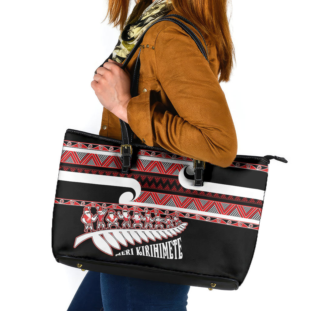 New Zealand Christmas Leather Tote Bag Funny Santa Claus Haka Dance with Tukutuku LT03 Multicolor - Polynesian Pride