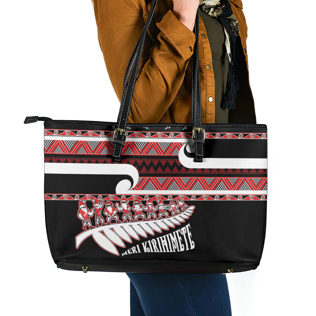 New Zealand Christmas Leather Tote Bag Funny Santa Claus Haka Dance with Tukutuku LT03 - Polynesian Pride
