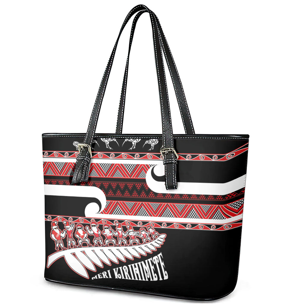 New Zealand Christmas Leather Tote Bag Funny Santa Claus Haka Dance with Tukutuku LT03 - Polynesian Pride