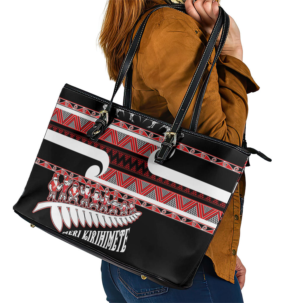 New Zealand Christmas Leather Tote Bag Funny Santa Claus Haka Dance with Tukutuku LT03 - Polynesian Pride