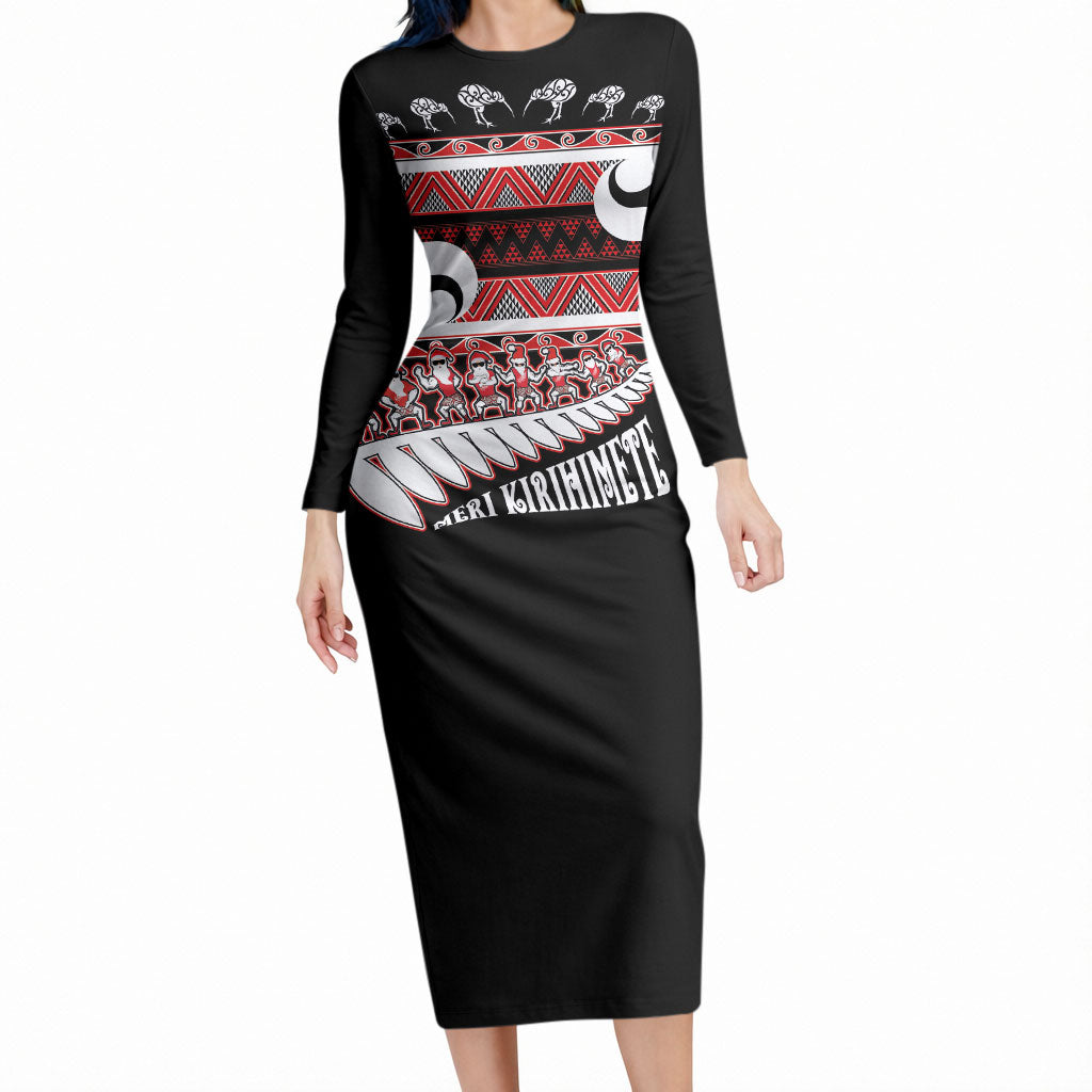 New Zealand Christmas Long Sleeve Bodycon Dress Funny Santa Claus Haka Dance with Tukutuku LT03 Long Dress Multicolor - Polynesian Pride