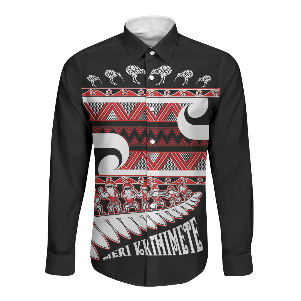New Zealand Christmas Long Sleeve Button Shirt Funny Santa Claus Haka Dance with Tukutuku LT03 Unisex Multicolor - Polynesian Pride