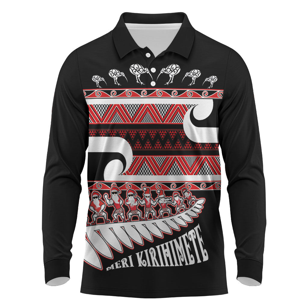 New Zealand Christmas Long Sleeve Polo Shirt Funny Santa Claus Haka Dance with Tukutuku LT03 Multicolor - Polynesian Pride
