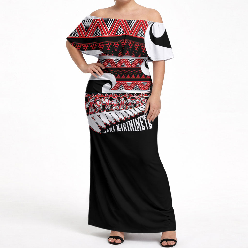 New Zealand Christmas Off Shoulder Maxi Dress Funny Santa Claus Haka Dance with Tukutuku LT03 Women Multicolor - Polynesian Pride