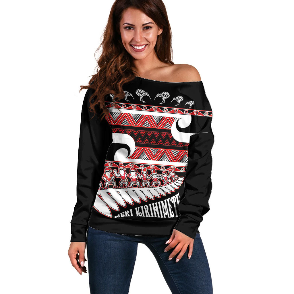 New Zealand Christmas Off Shoulder Sweater Funny Santa Claus Haka Dance with Tukutuku LT03 Women Multicolor - Polynesian Pride