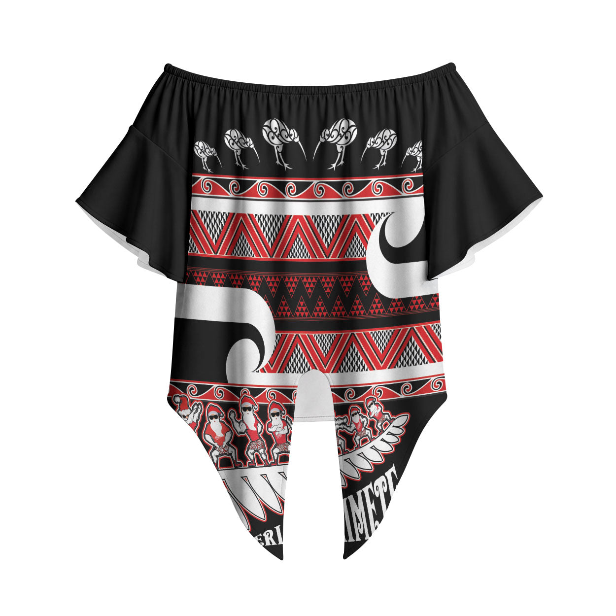 New Zealand Christmas Off Shoulder Wrap Waist Top Funny Santa Claus Haka Dance with Tukutuku LT03 Multicolor - Polynesian Pride