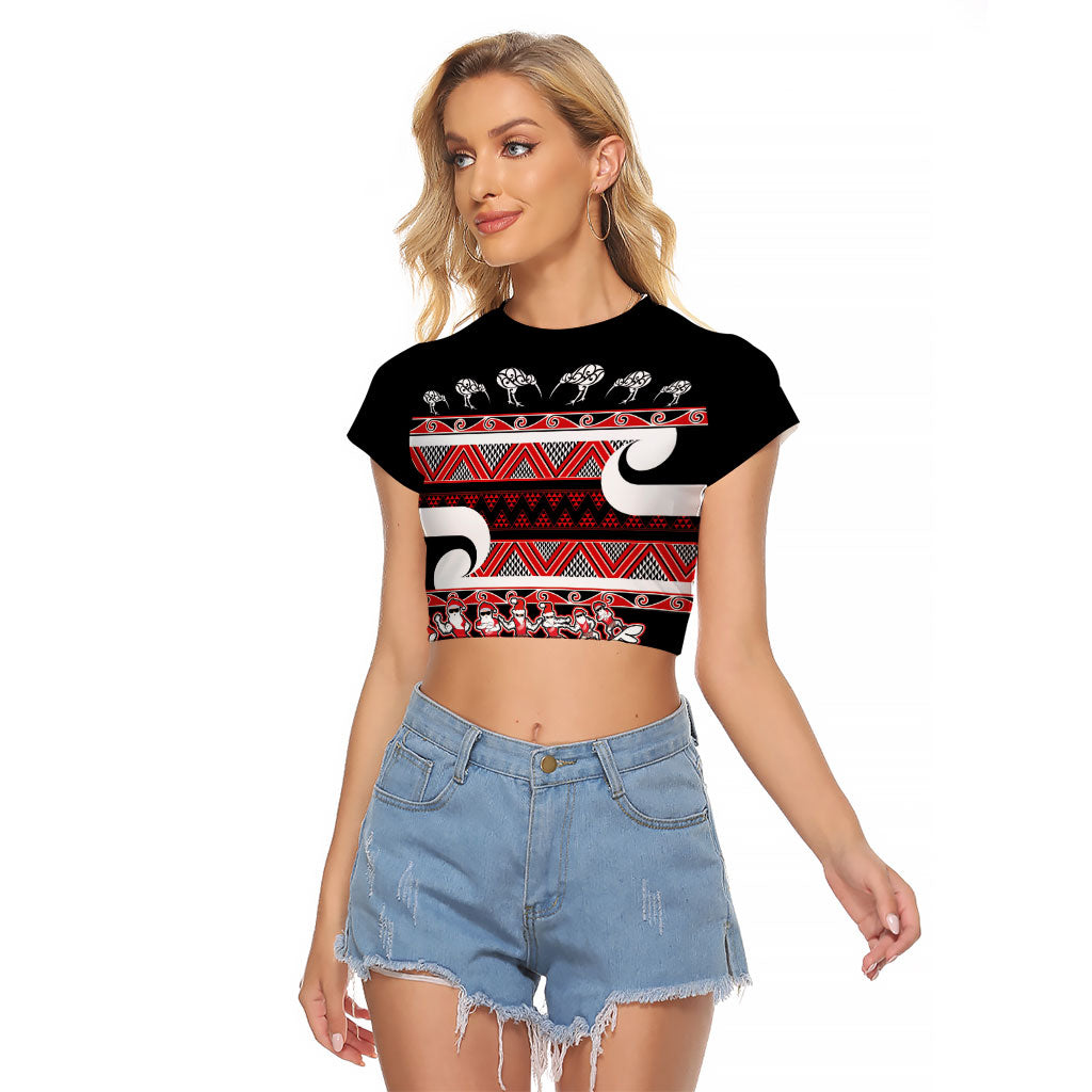 New Zealand Christmas Raglan Cropped T Shirt Funny Santa Claus Haka Dance with Tukutuku LT03 Female Multicolor - Polynesian Pride