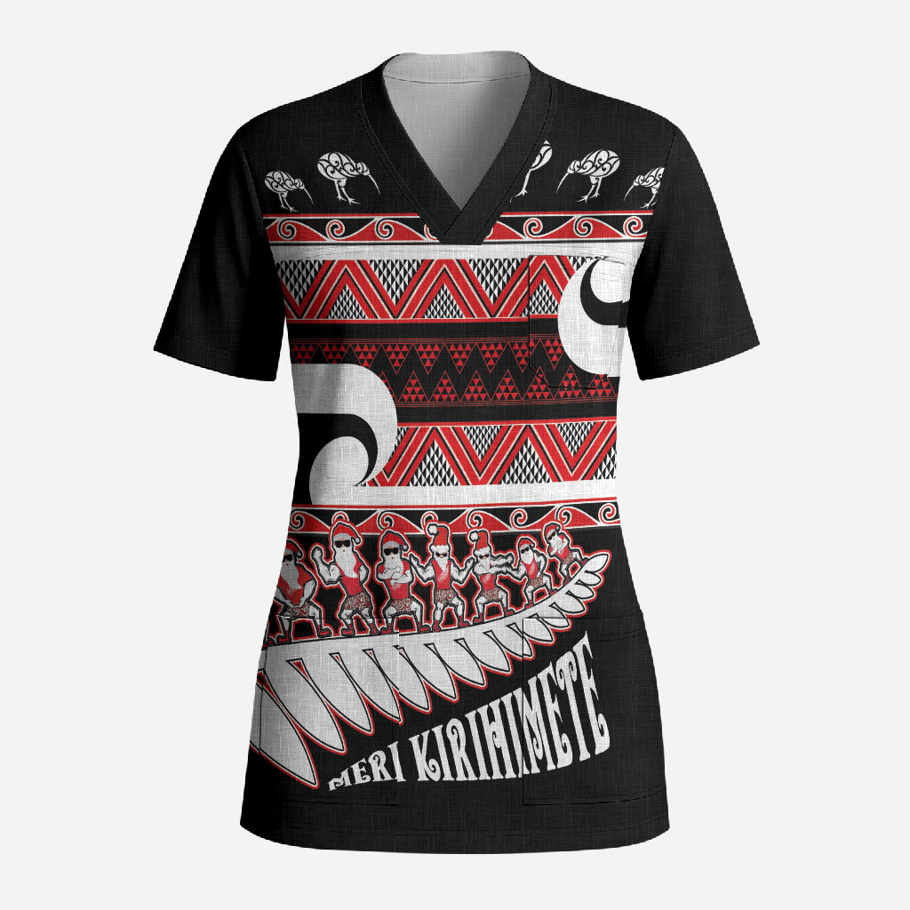New Zealand Christmas Scrub Top Funny Santa Claus Haka Dance with Tukutuku LT03 Adult Multicolor - Polynesian Pride