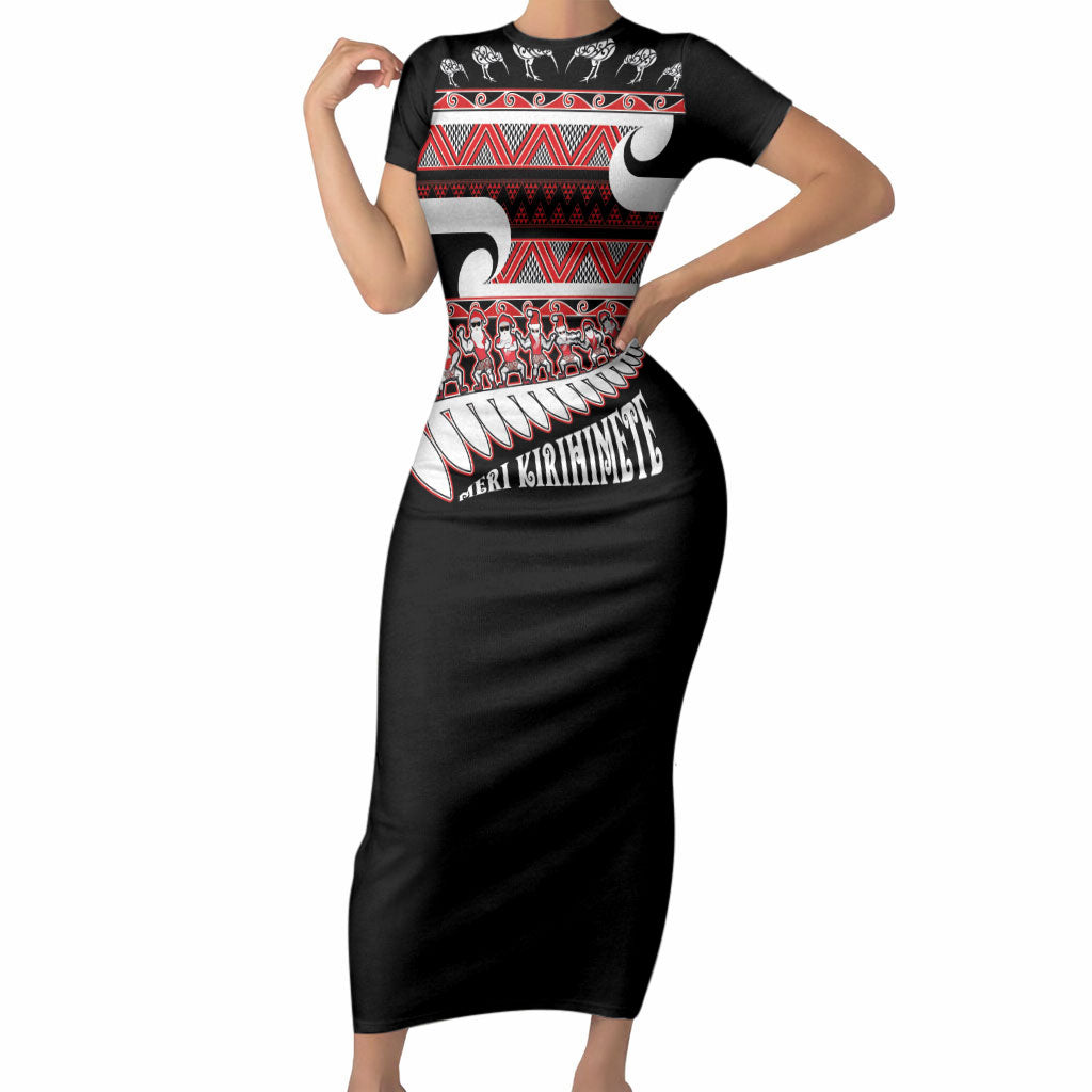 New Zealand Christmas Short Sleeve Bodycon Dress Funny Santa Claus Haka Dance with Tukutuku LT03 Long Dress Multicolor - Polynesian Pride