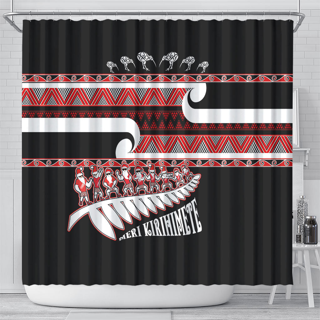 New Zealand Christmas Shower Curtain Funny Santa Claus Haka Dance with Tukutuku LT03 - Polynesian Pride