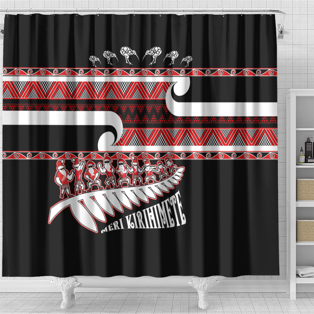 New Zealand Christmas Shower Curtain Funny Santa Claus Haka Dance with Tukutuku LT03 - Polynesian Pride