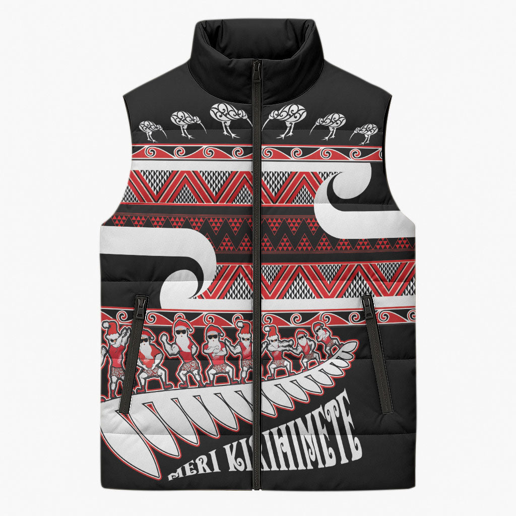 New Zealand Christmas Sleeveless Puffer Jacket Funny Santa Claus Haka Dance with Tukutuku LT03 Unisex Multicolor - Polynesian Pride