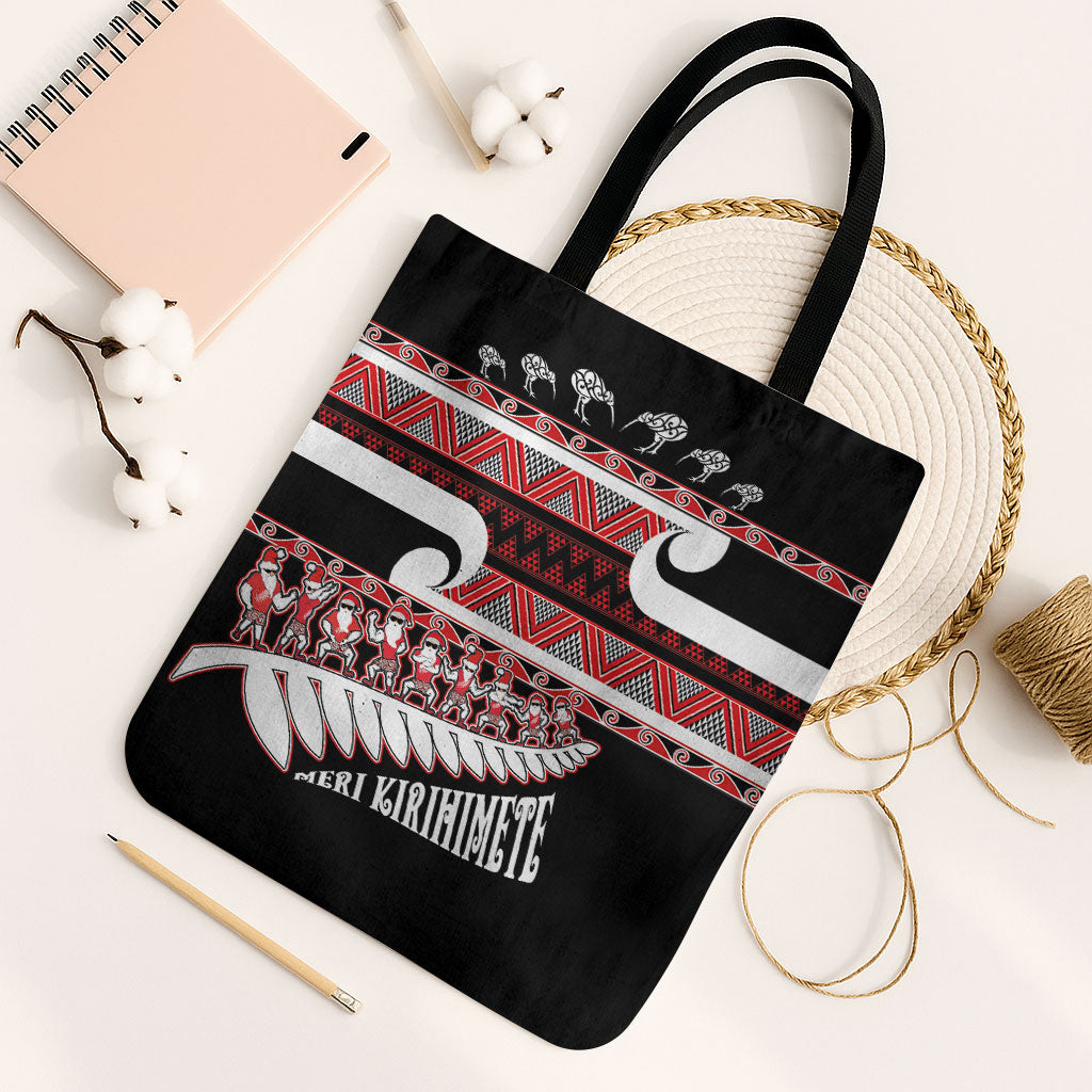 New Zealand Christmas Tote Bag Funny Santa Claus Haka Dance with Tukutuku LT03 Black Strap One Size Multicolor - Polynesian Pride