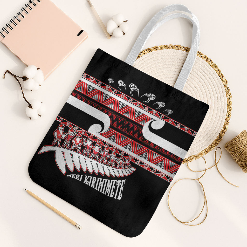 New Zealand Christmas Tote Bag Funny Santa Claus Haka Dance with Tukutuku LT03 White Strap One Size Multicolor - Polynesian Pride