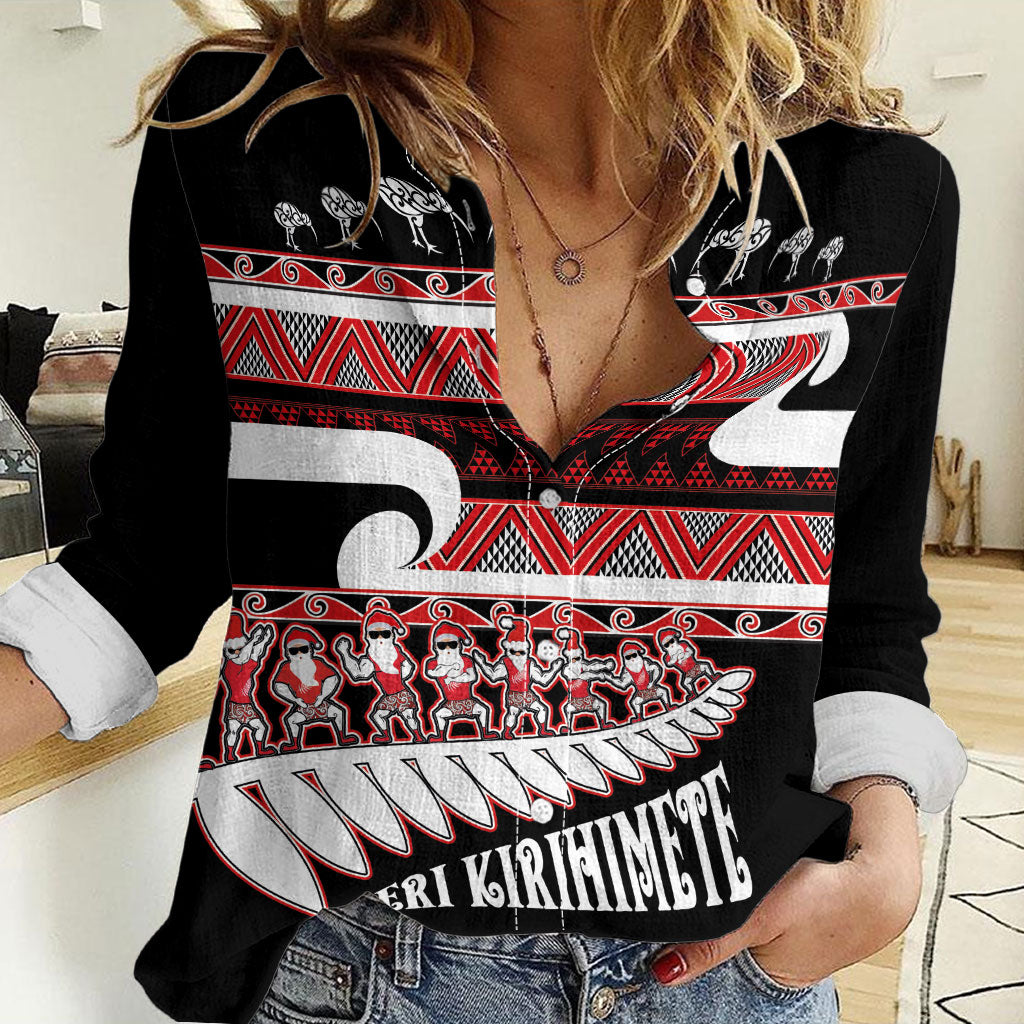 New Zealand Christmas Women Casual Shirt Funny Santa Claus Haka Dance with Tukutuku LT03 Female Multicolor - Polynesian Pride
