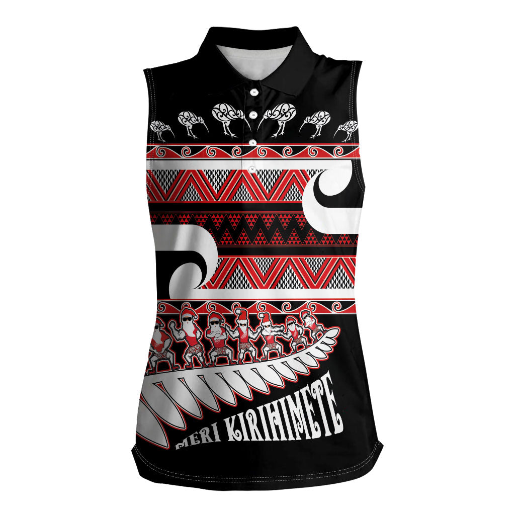 New Zealand Christmas Women Sleeveless Polo Shirt Funny Santa Claus Haka Dance with Tukutuku LT03 Female Multicolor - Polynesian Pride
