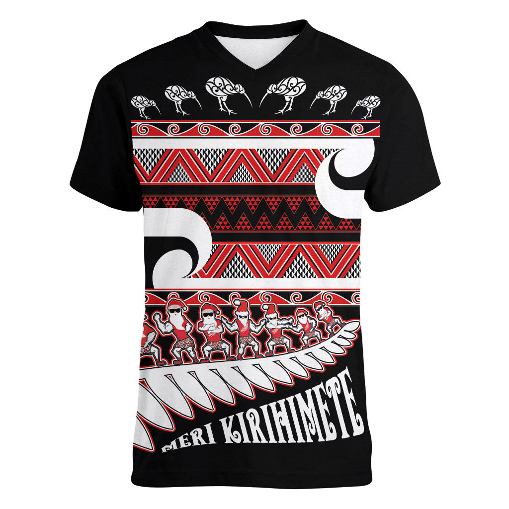 New Zealand Christmas Women V-Neck T-Shirt Funny Santa Claus Haka Dance with Tukutuku LT03 Female Multicolor - Polynesian Pride