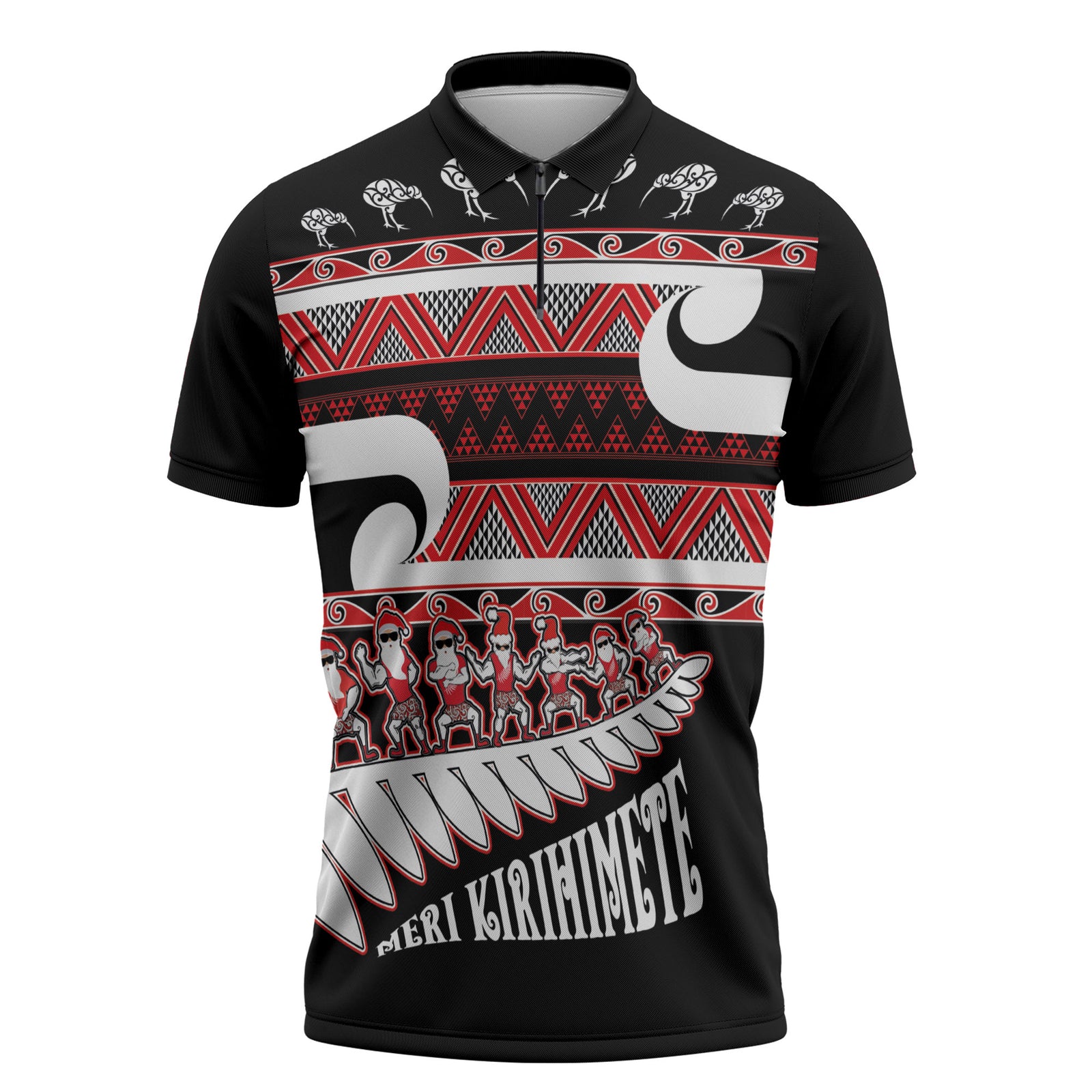 New Zealand Christmas Zipper Polo Shirt Funny Santa Claus Haka Dance with Tukutuku LT03 Multicolor - Polynesian Pride