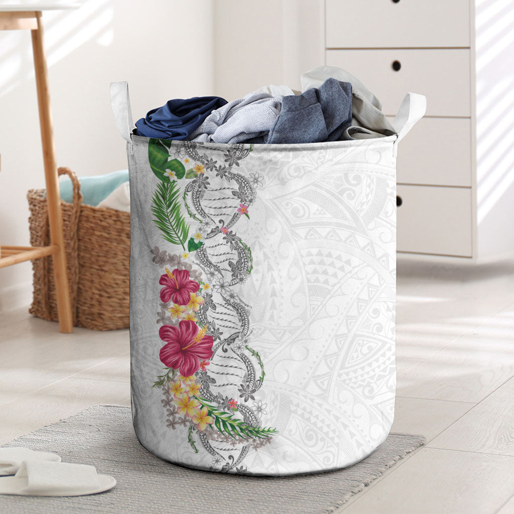 Hawaii DNA Kakau Tattoo Laundry Basket with Plumeria and Hibiscus Tropical Plants White Color LT03 White - Polynesian Pride