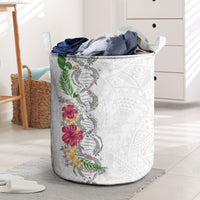 Hawaii DNA Kakau Tattoo Laundry Basket with Plumeria and Hibiscus Tropical Plants White Color LT03 White - Polynesian Pride