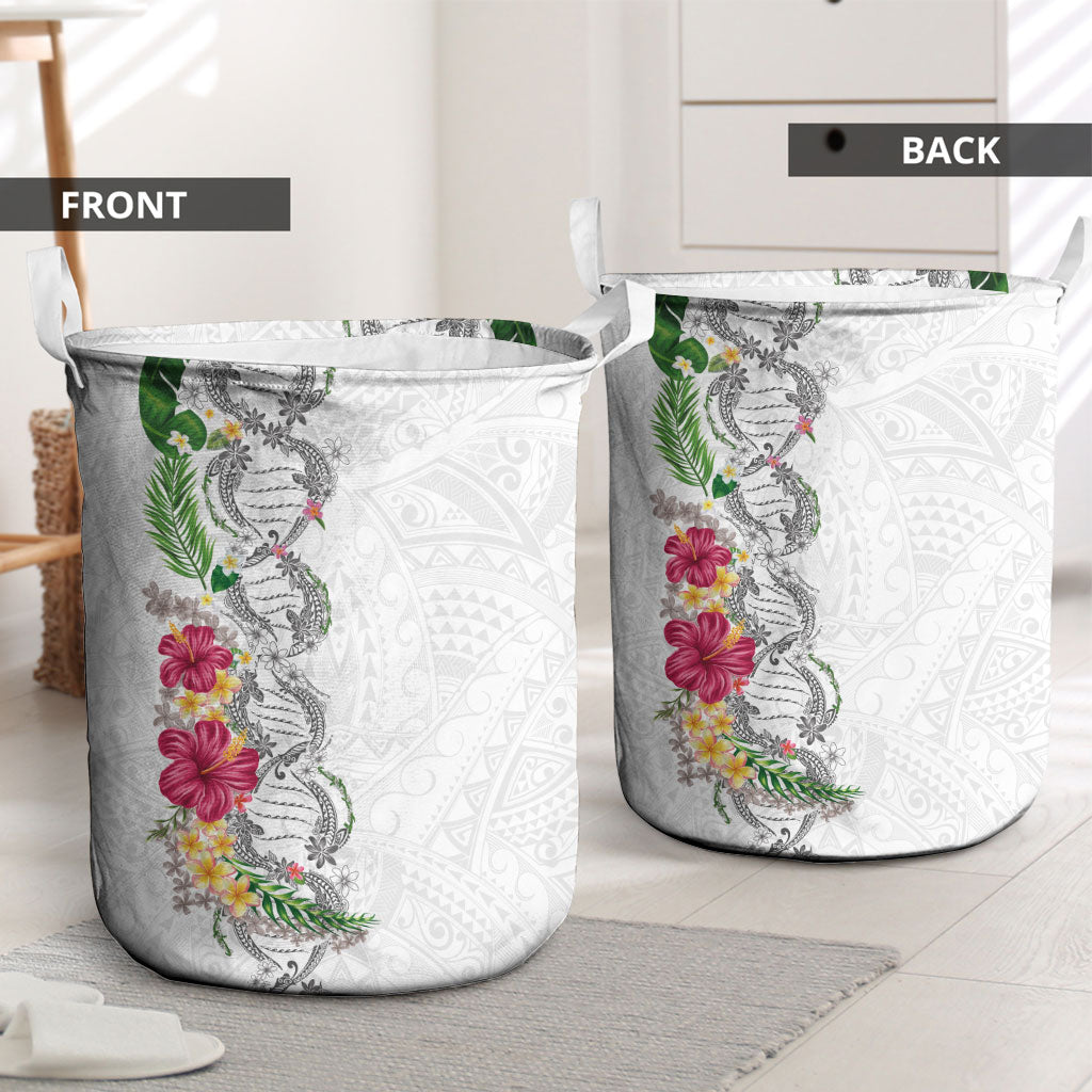 Hawaii DNA Kakau Tattoo Laundry Basket with Plumeria and Hibiscus Tropical Plants White Color LT03 - Polynesian Pride